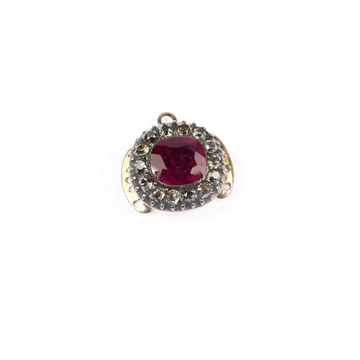 Antique Burma ruby and diamond cluster clasp